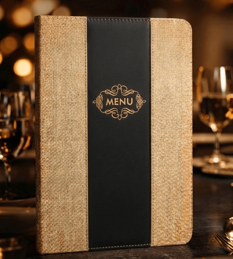Porte menu en cuir élégant et durable, idéal pour une présentation professionnelle dans les restaurants, salons et événements
