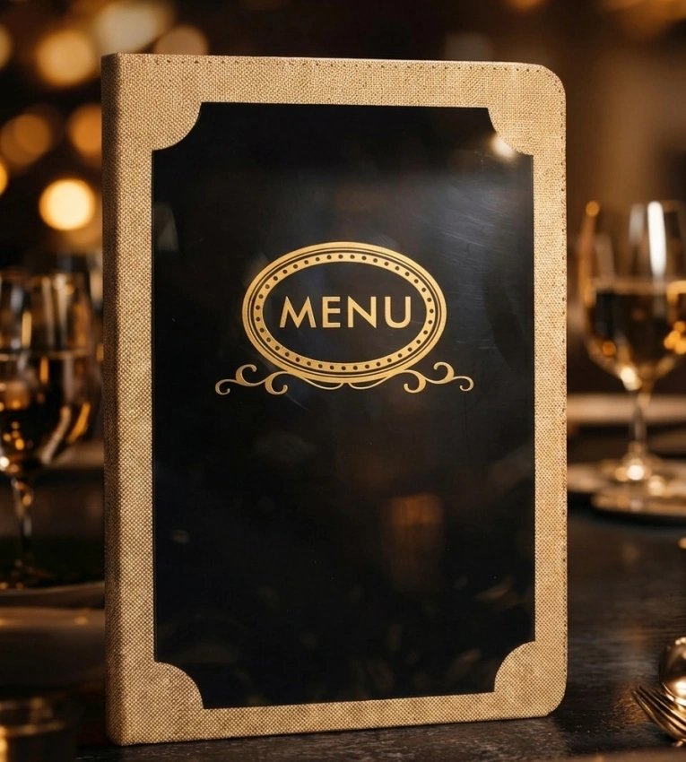 Porte menu haut de gamme au design noir et doré, idéal pour une présentation élégante et professionnelle dans les restaurants et hôtels