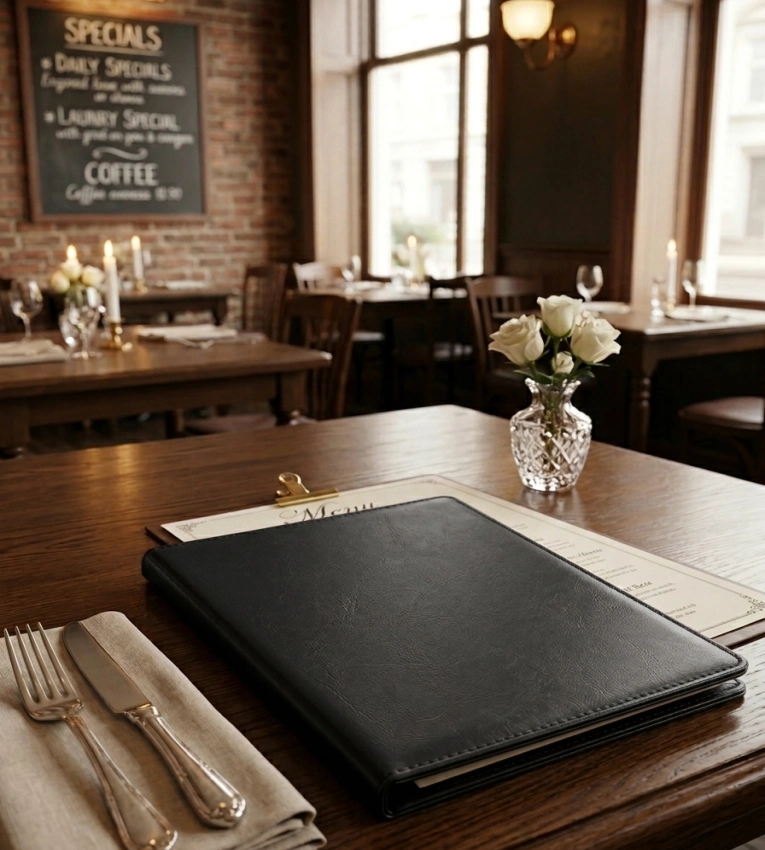 Porte Menu Restaurant en Cuir Noir A5 – Élégance Classique & Finition Premium