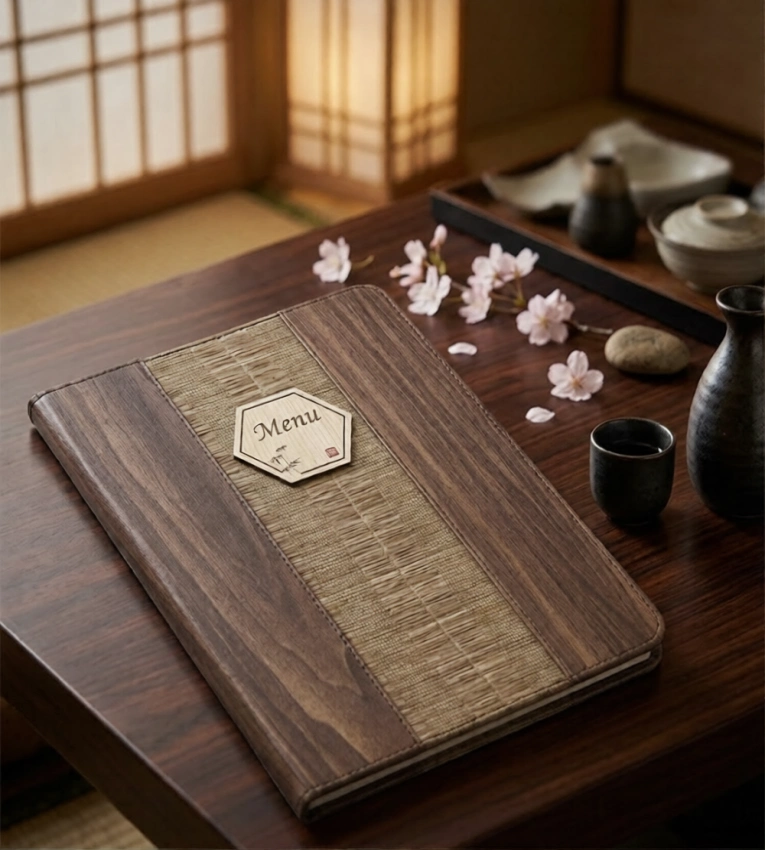 Porte-menu A4 effet bois Wood Grain avec 8 pages et 16 vues, idéal pour une présentation élégante, organisée et professionnelle des menus