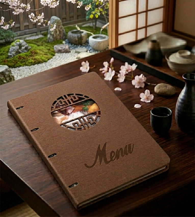 Porte-menu A4 en similicuir PU marron avec 18 vues, idéal pour une présentation élégante, chaleureuse et parfaitement organisée