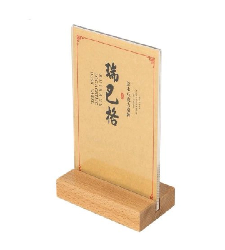 Porte-menu A6 en plexiglas et bois, idéal pour tables, promotions et affichage élégant