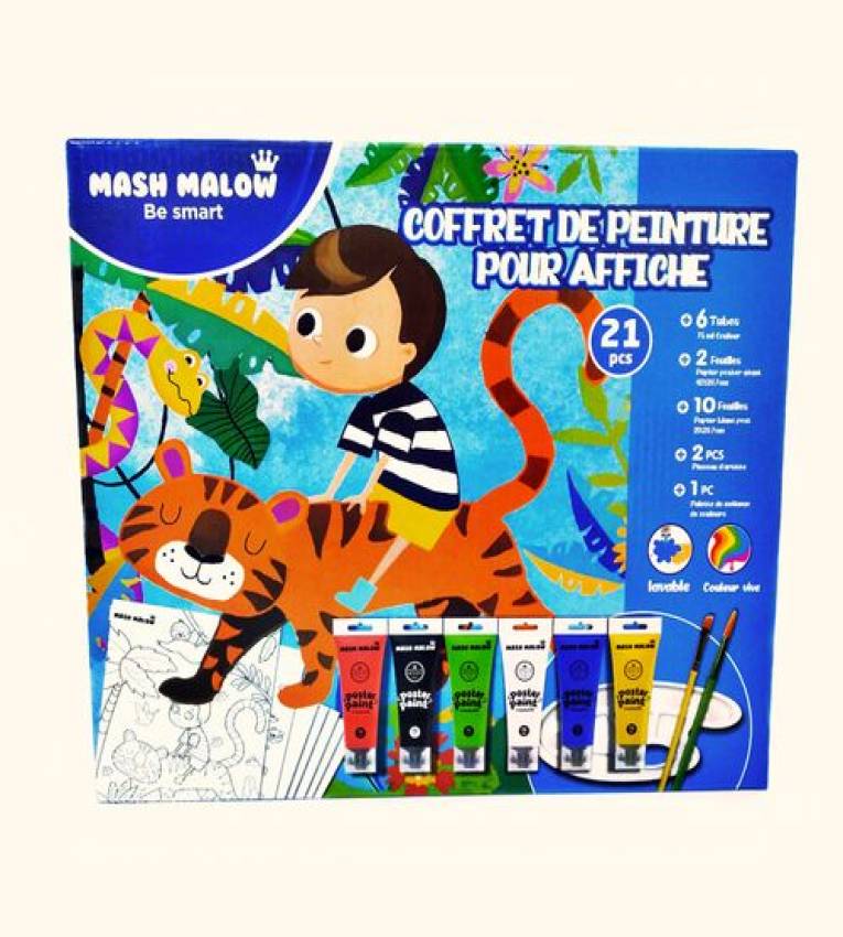 Mash malow coffret de peinture,  qui vous offre plusieurs dessins des differents animeaux  en utilisant un peinceau et des gouache