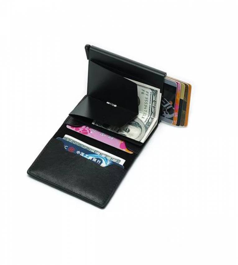 Portefeuille noir  Avec Fermoir Cuir Vrai Carte Bancaire Rfid Protection