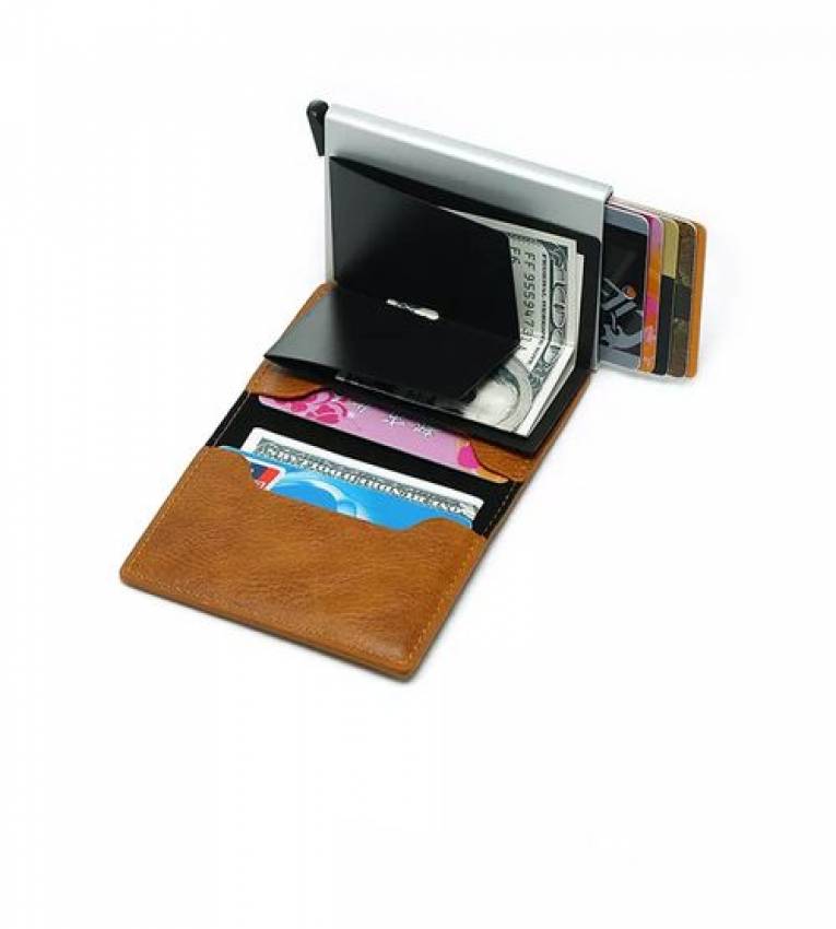 Marron Portefeuille Avec Fermoir Cuir Vrai Carte Bancaire Rfid Protection