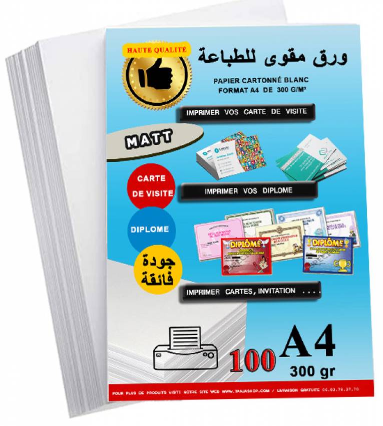 Papier 300g A4 Matt cartonné -Pack 100 Feuilles