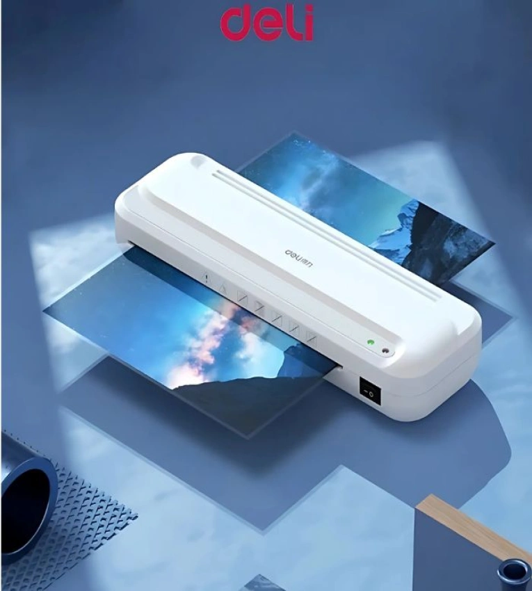 La plastifieuse Marque DELI 2132  est une machine professionnelle A4 ,  la température de plastification des pochettes de 50 à 125 microns par face ,
