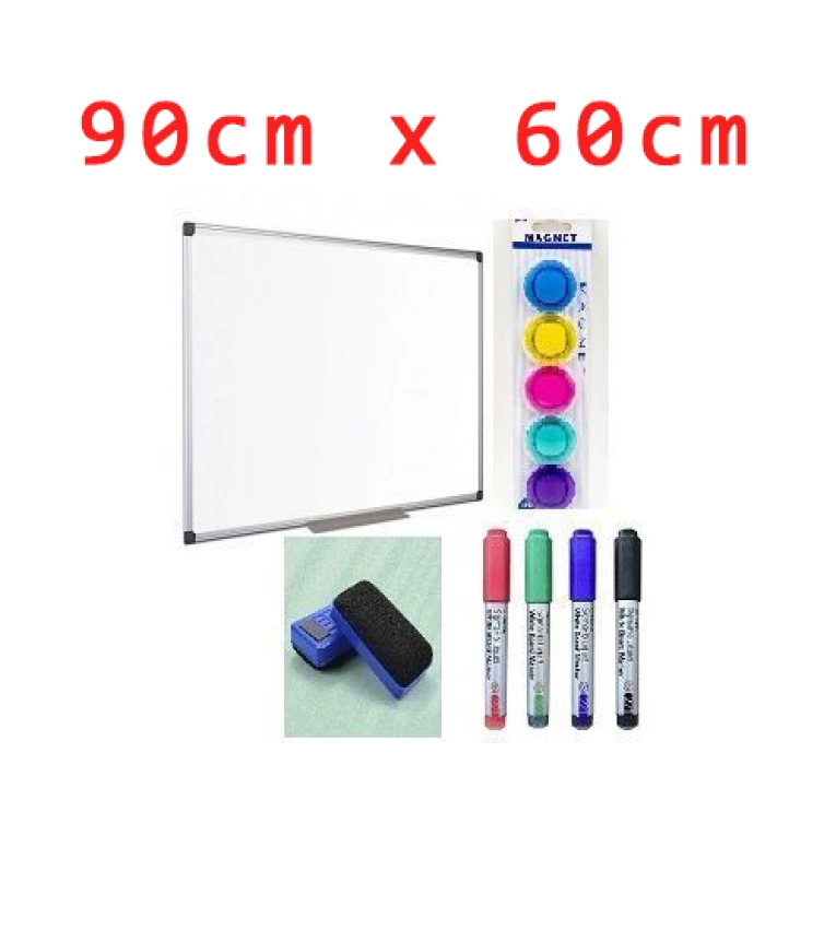 Tableau magnétique Deli 90x60 cm avec 4 feutres effaçables, brosse et 5 aimants. Idéal pour organiser et afficher vos idées. Commandez maintenant!