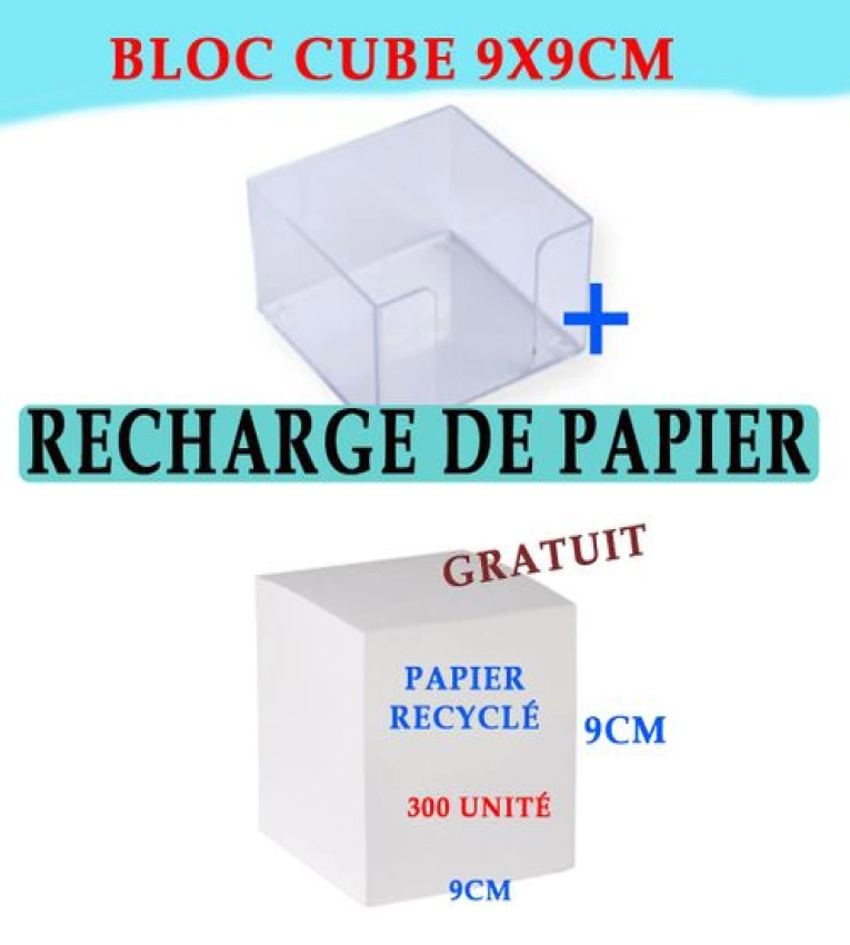 Bloc Cube à Papier Blanc + Recharge de papier recyclé 300 feuilles Gratuit 9x9cm