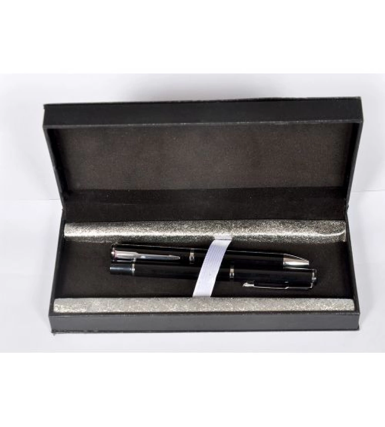 Coffret cadeau élégant : 2 stylos en parure, métal de luxe, boîte en cuir.
