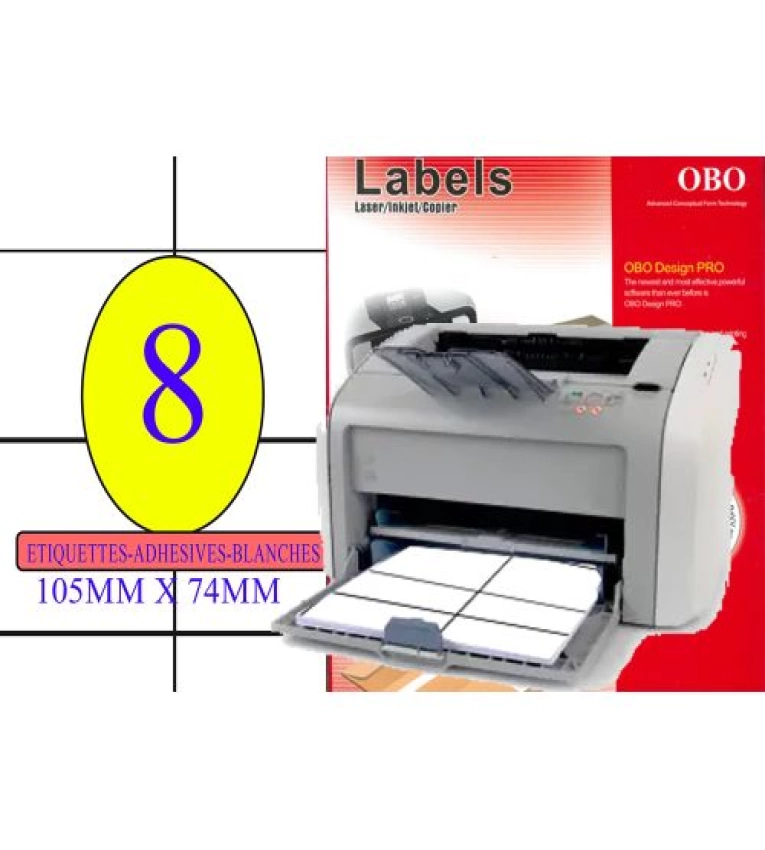 Étiquettes Obo 105 x 74 mm (A4/8), lot de 100. Organisez efficacement.