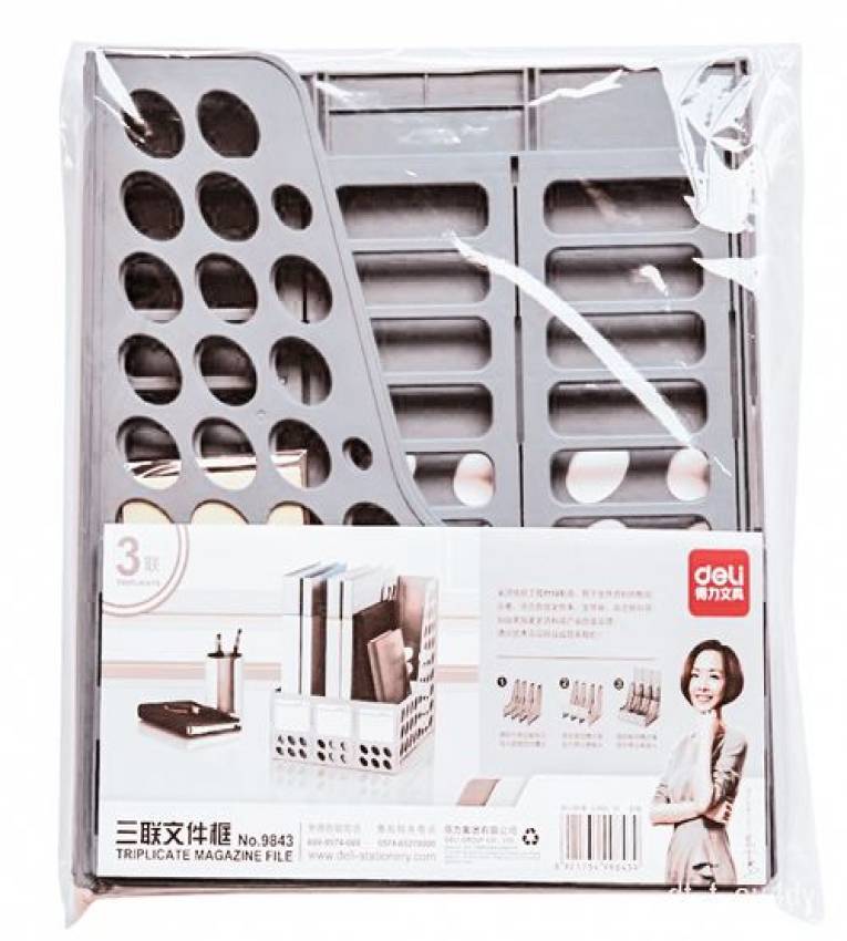Deli porte revue de 3 compartiments ,organisateur de bureau couleur gris