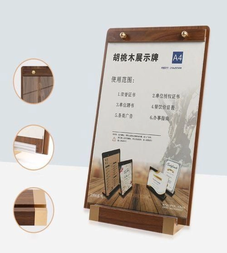 Le porte-affiche A4 en bois est parfait pour certificats et diplômes, avec verre organique transparent, présentoir robuste et protection anti-rayures
