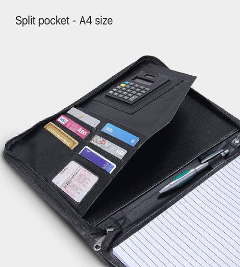 Porte Documents A4 en Cuir ,calculatrice + ipad et note poches + stylo gratuit