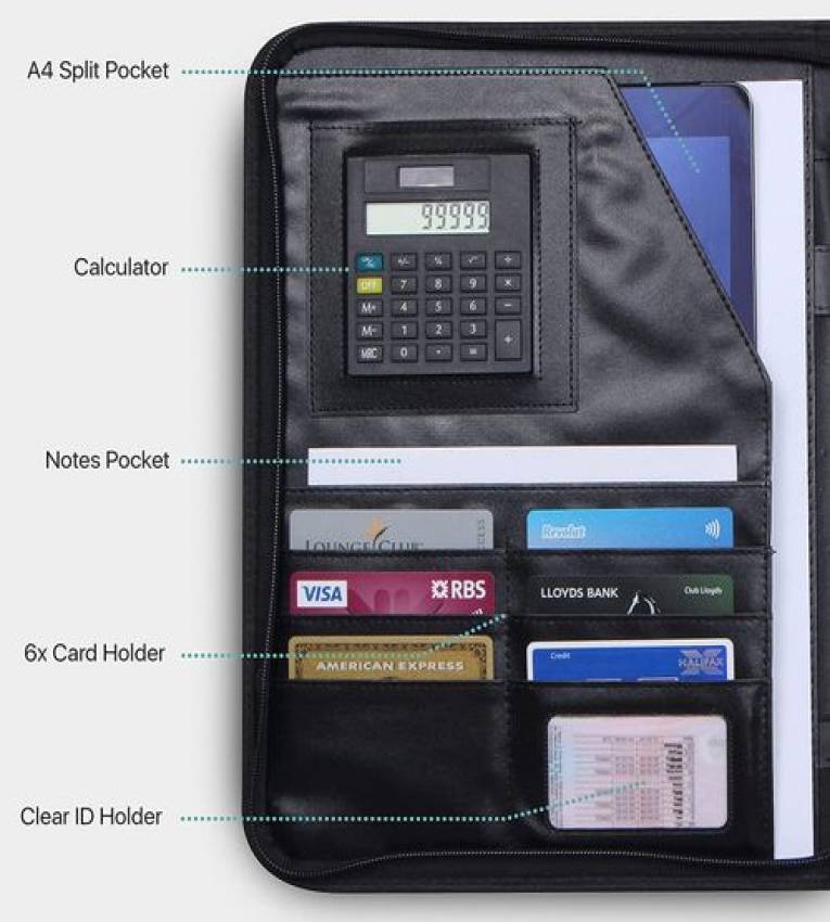 Porte Documents A4 en Cuir ,calculatrice + ipad et note poches + stylo gratuit