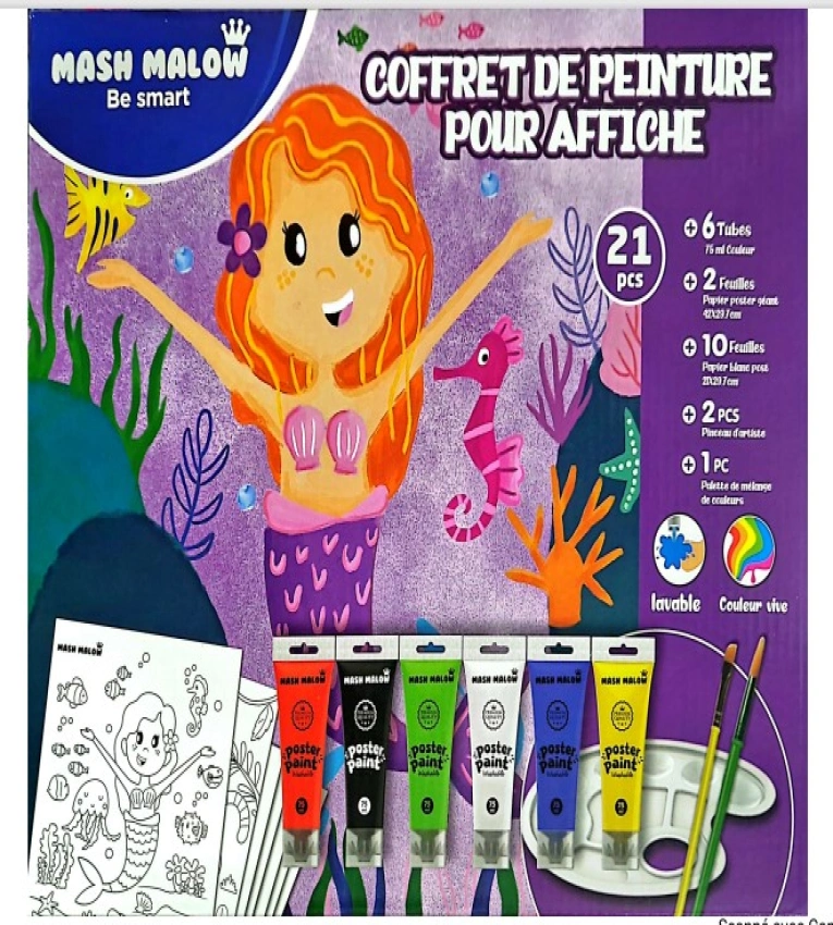 Coffret de Peinture Mash Malow Cadeau Anniversaire idéal avec 6 tubes 10 feuilles à dessin 2 pinceaux 2 feuilles à colorier et une palette
