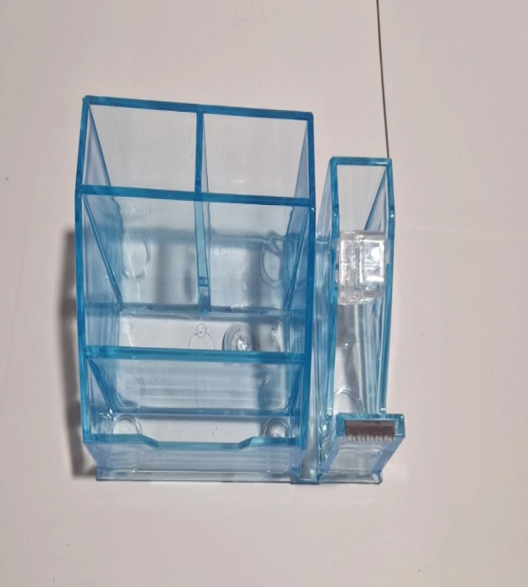 Organisateur de bureau en bleu multifonction en plastique transparent, idéal pour stylos, cartes, avec support ruban adhésif pour un espace ordonné