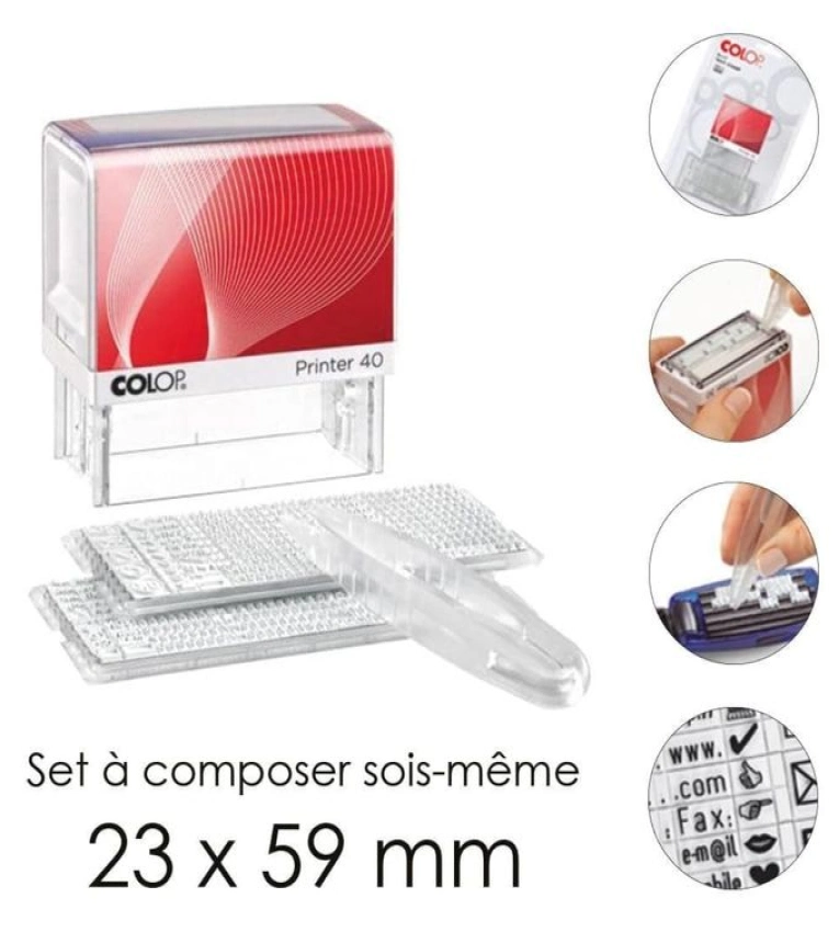Tampon COLOP Printer 40/2 : marquage précis, personnalisable avec 6 lignes, idéal pour bureaux et entreprises.