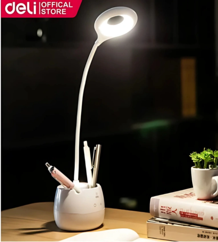 Lampe de bureau LED avec porte-stylos, éclairage ajustable, design élégant, alimentation USB