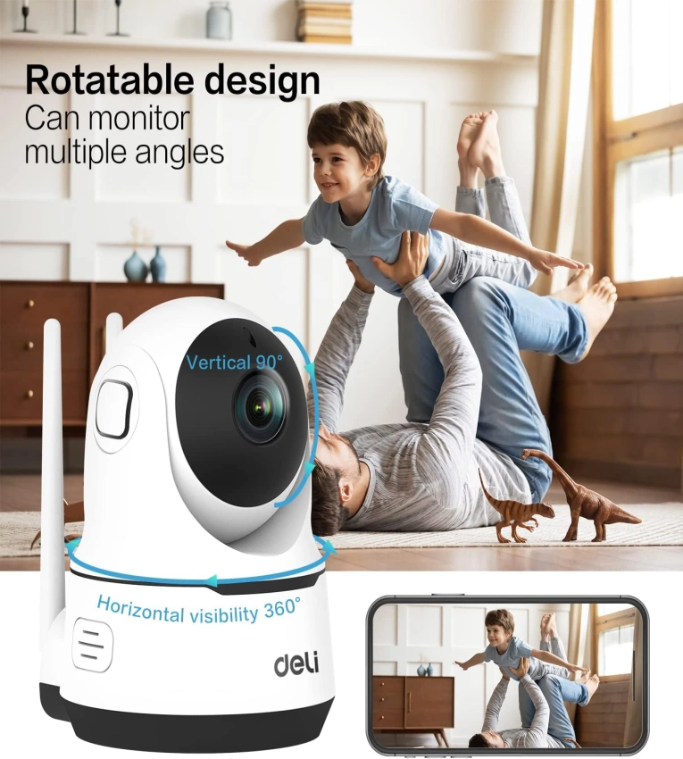 Caméra WiFi HD 1080p avec vision nocturne, détection de mouvement et audio bidirectionnel. Rotation 360° et stockage jusqu’à 128 Go.