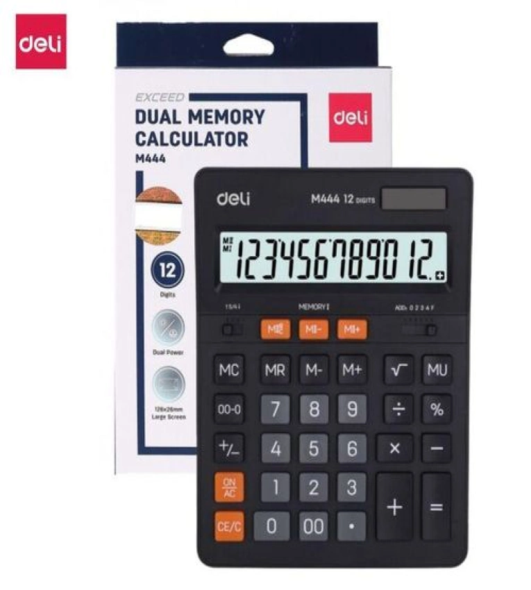 Calculatrice de bureau Deli M888 avec grand écran 12 chiffres, double mémoire et alimentation hybride (solaire + pile). Précision et fiabilité