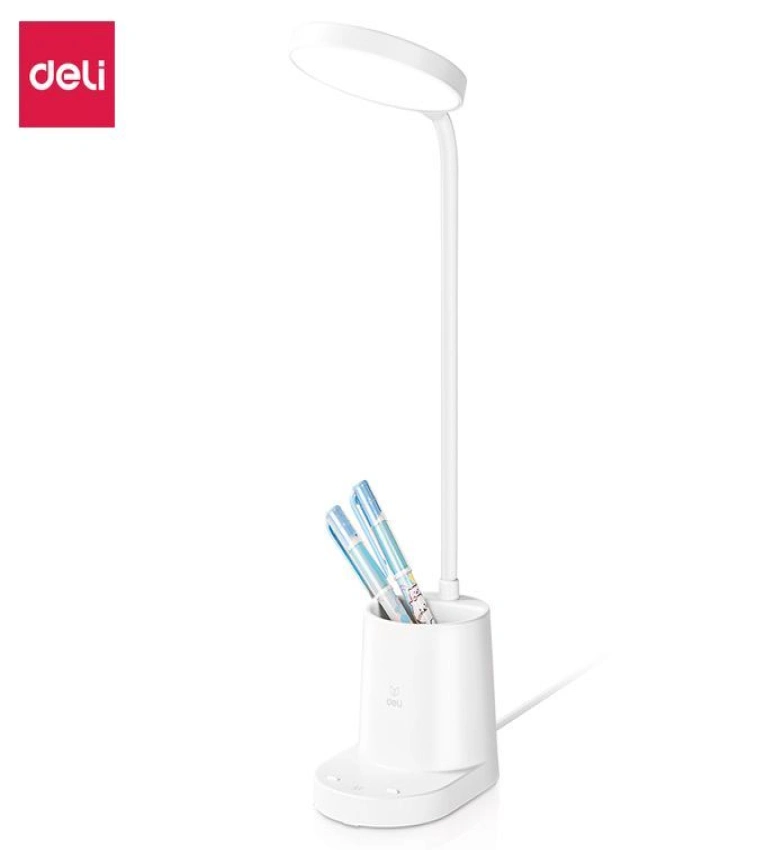 Lampe LED de bureau avec support intégré, éclairage doux, bras flexible et design compact. Idéale pour le travail et les études.