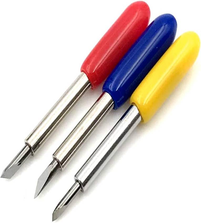 3 Lames de coupe en vinyle avec support de lame Jaune, rouge, bleu Angles de 30/45/60 degrés Lames de coupe de rechange pour machines de découpe Parfaites pour la signalisation et la publicité