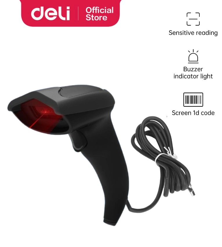 Scanner de codes-barres Deli ES201,Technologie CCD, design anti-choc, double confirmation (bip + lumière). Idéal pour magasins et entrepôts
