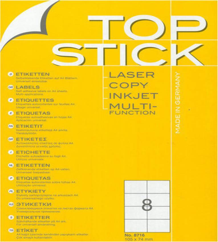 TOP STICK Etiquette universelle, 105 x74 mm, blanc, 4 par feuille, A4, 800
