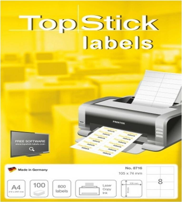 TOP STICK Etiquette universelle, 105 x74 mm, blanc, 4 par feuille, A4, 800