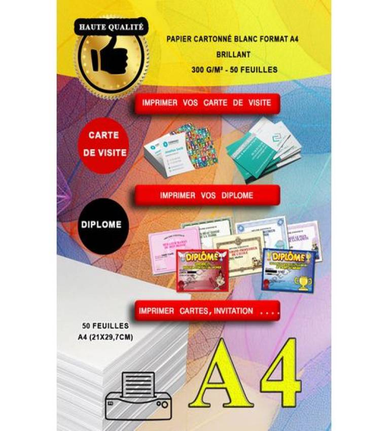 Feuilles Papier A4  cartonné Brillant de 300gramme