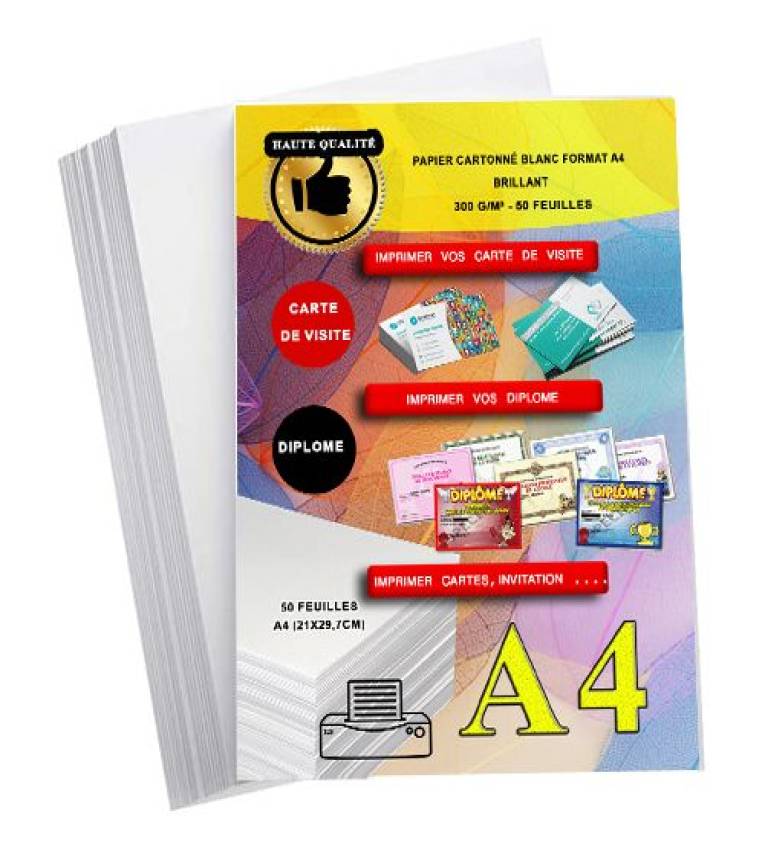 Papier A4 cartonné Brillant 300g (210x297 mm)  -Pack 50 Feuilles