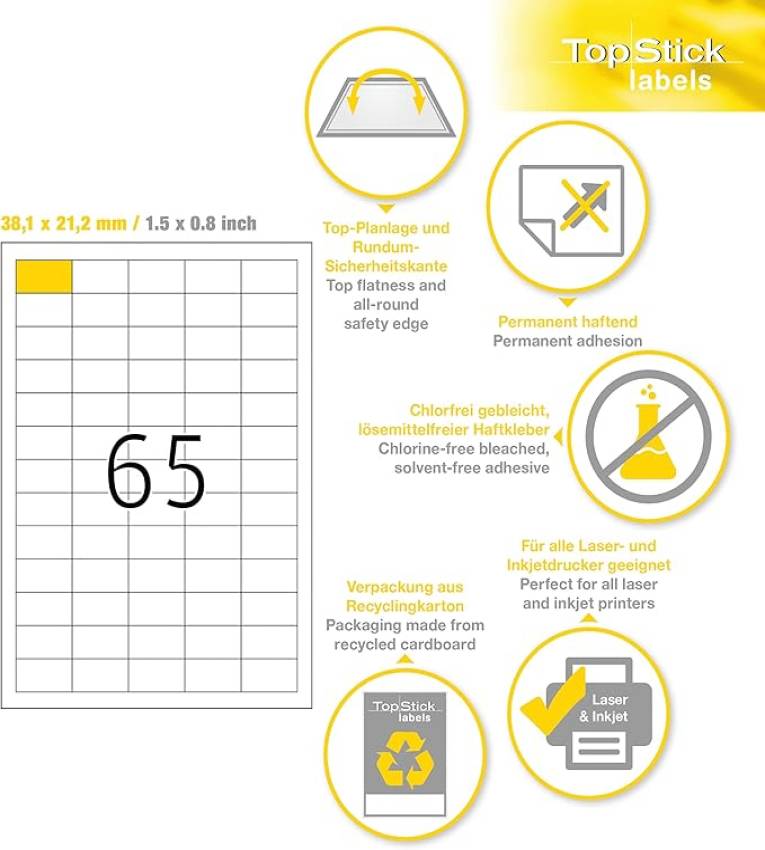 TOP STICK Etiquette universelle, 38.1 x 21.2 mm, blanc, 4 par feuille, A4, 6500