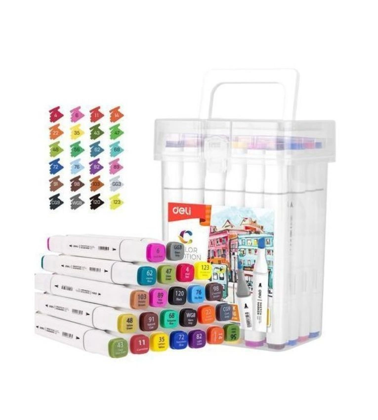 Coffret de 24 marqueurs Deli à double pointe (1 mm et 7 mm), encre à alcool pour des couleurs vives sur diverses surfaces.