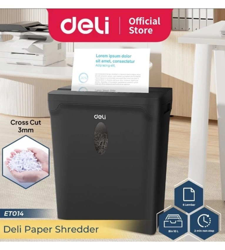 Déchiqueteuse DELI ET014 – Coupe croisée 3mm, capacité 5 feuilles, bac 10L. Idéale pour un usage bureautique sécurisé.