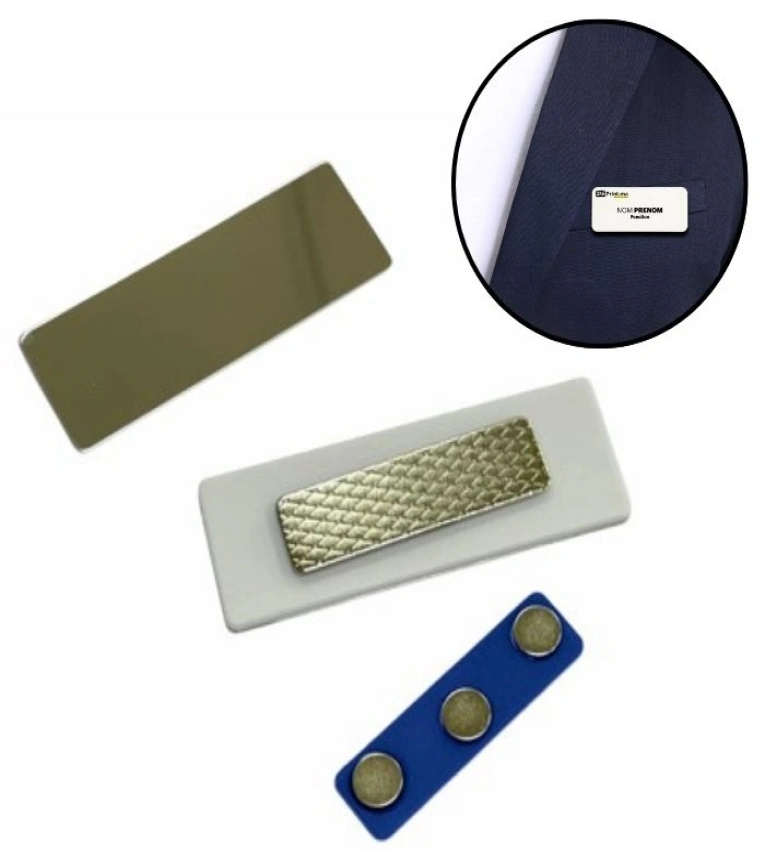 Badge en métal 7x2,5 cm, durable et personnalisable avec logo ou nom, idéal pour entreprises et événements.