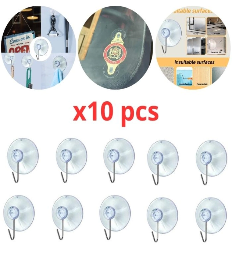 Ventouses transparentes 30 mm avec crochets en métal, idéales pour vitres, cuisines, salles de bain et voiture.