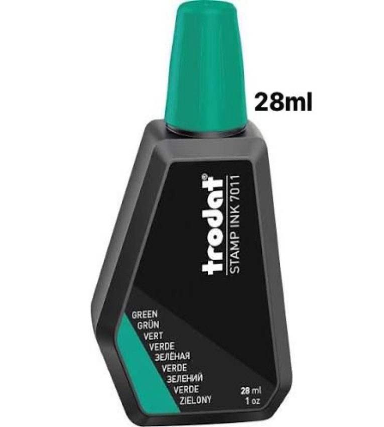 Encre VERT pour tampons Trodat 7011 28 ml, encre originale de haute qualité assurant une empreinte nette et durable.